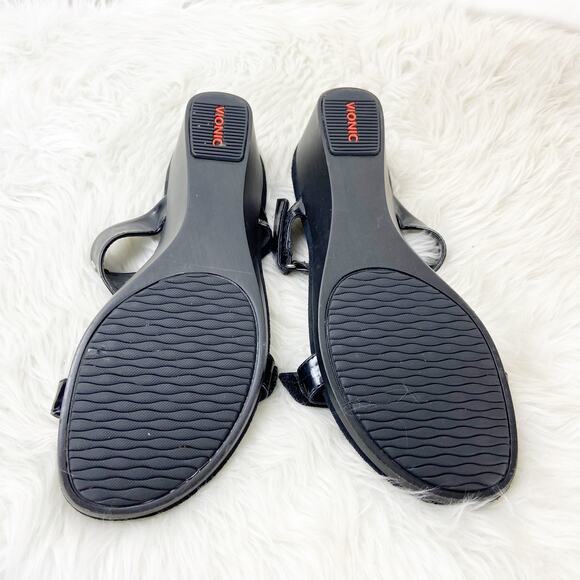 Vionic 10 Womens Black Patent Leather Maggie Thong Wedge Comfort Sandals - Picture 7 of 7